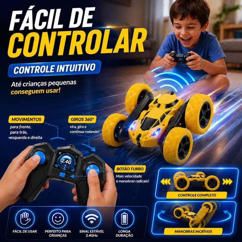 Carrinho de Acrobacias 360° com Controle Remoto — Luzes LED, Motor Turbo e Pneus Off-Road