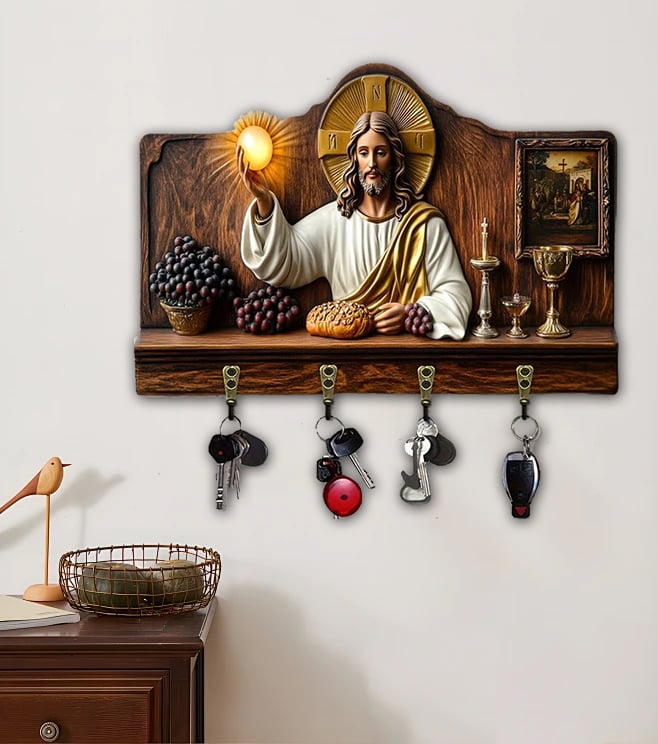 🎁✝️ Porta-chaves multifuncional de madeira - Jesus 💖